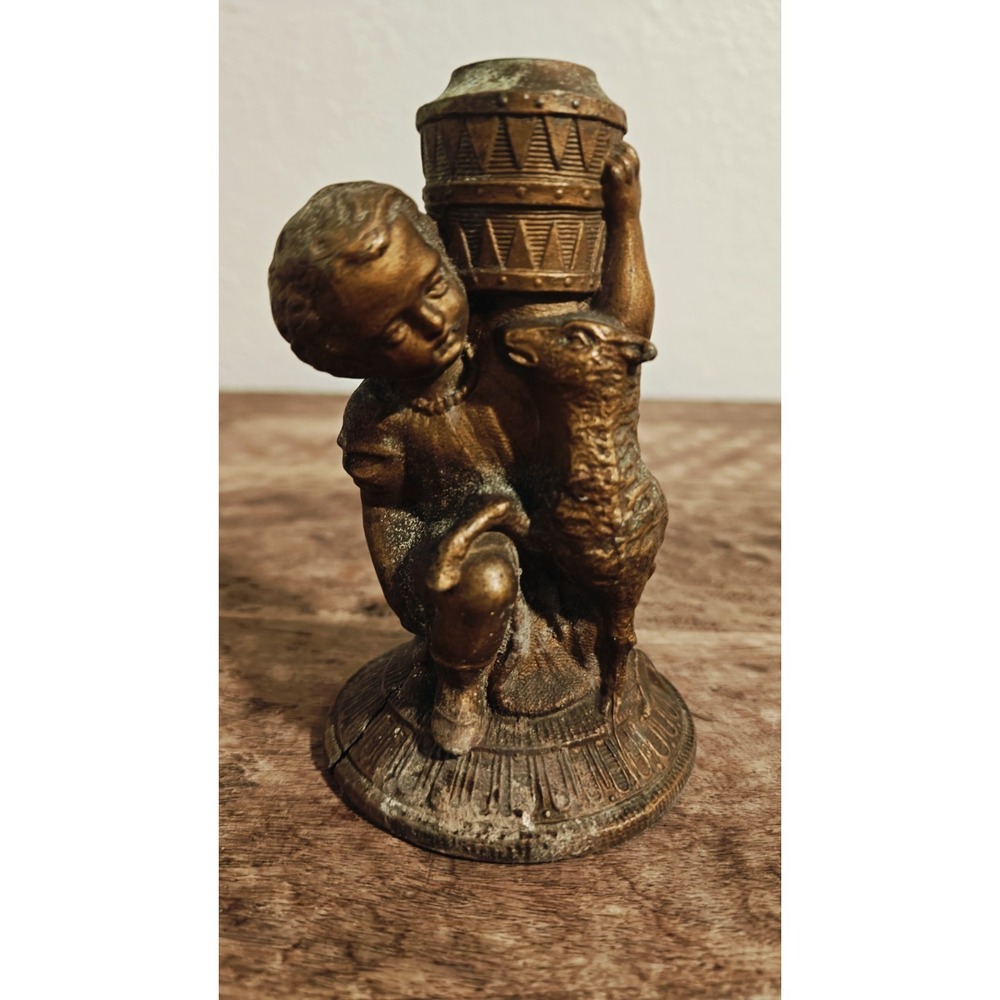 ANTIQUE ART NOUVEAU‎ OIL LAMP Base  BRONZE FIGURAL Child WITH SHEEP BUST
